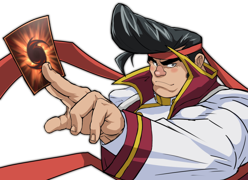 1boy, between_fingers, black_hair, blush, card, foreshortening, frown, hachimaki