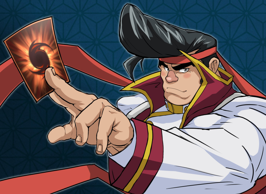 1boy, between_fingers, black_hair, blush, card, foreshortening, frown, hachimaki