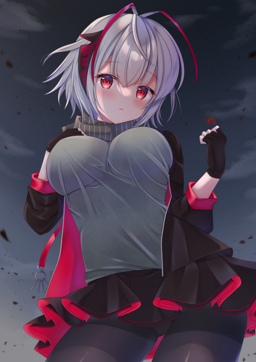 1girl, arknights, black_gloves, black_jacket, black_legwear, black_scarf, black_skirt, blush
