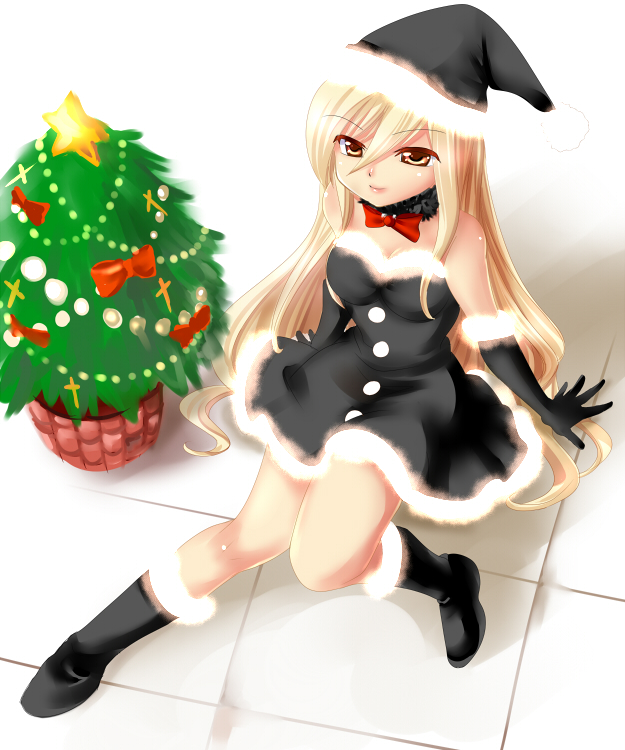 blonde_hair, boots, bow, choker, christmas, christmas_tree, elbow_gloves, gloves