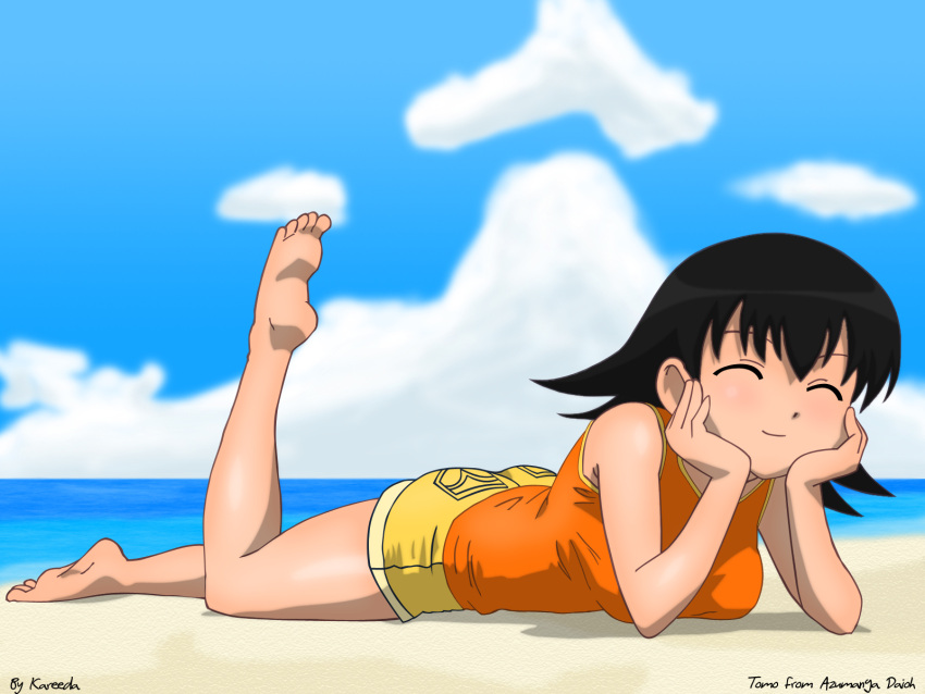 azumanga_daioh, barefoot, beach, dark_hair, takino_tomo