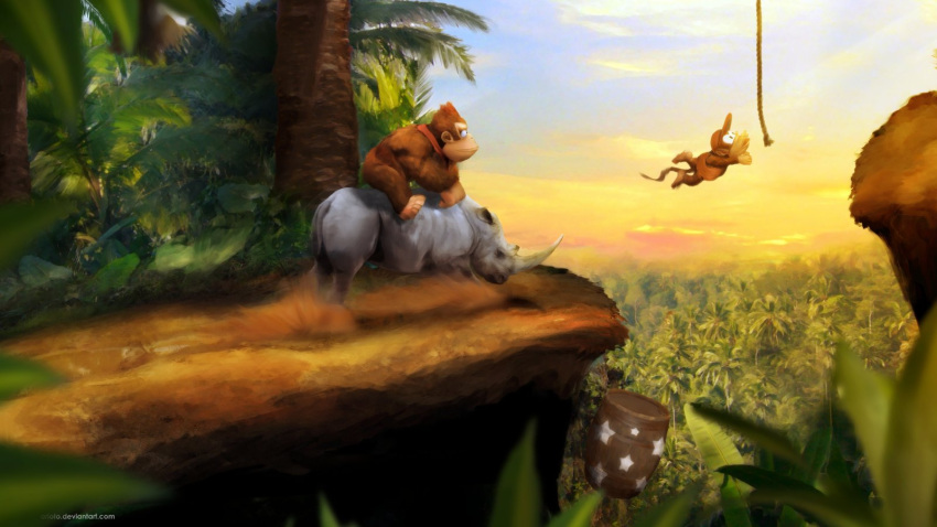 3d, 3others, barrel, diddy_kong, donkey_kong, donkey_kong_country, forest, gorilla, highres, jumping, monkey, nature, nintendo, no_humans, orioto, palm_tree, rainforest, rambi, rareware, retro_studios, rhino, rhinoceros, riding, rope, running, star, sunset, tree, wallpaper