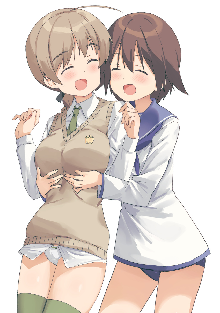 ahoge, blue_neckerchief, blue_sailor_collar, braid, brown_hair, closed_eyes, cowboy_shot, dress_shirt