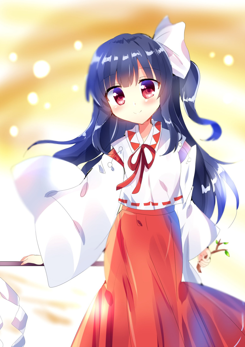 1girl, arrow_(projectile), blue_hair, bow, character_request, detached_sleeves, gohei, hakama