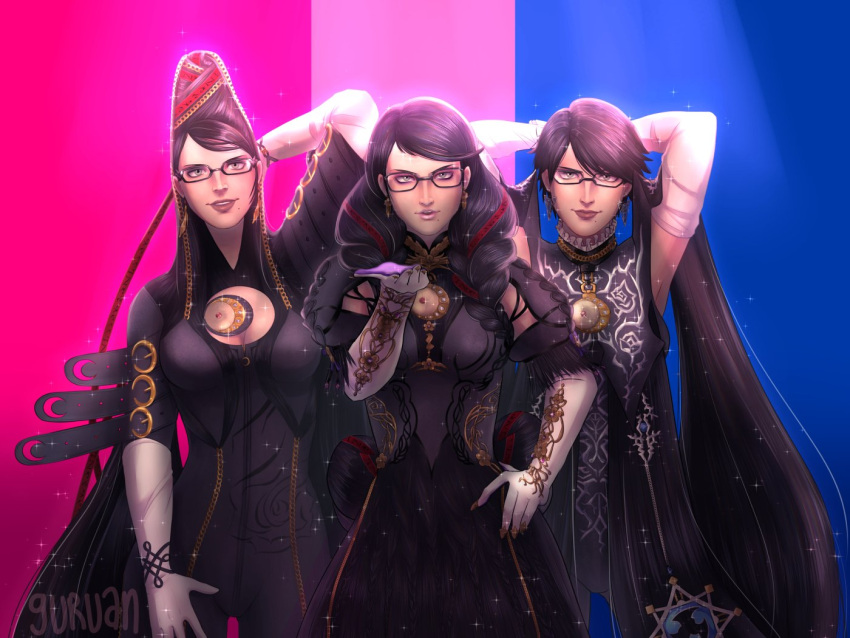 3girls, alternate_hair_length, alternate_hairstyle, amulet, ankle_gun, bayonetta, bayonetta_(series), bayonetta_1, bayonetta_2, bayonetta_3, beehive_hairdo, black_hair, blue_eyes, bodysuit, braid, breasts, clothing_cutout, dual_persona, earrings, eyeshadow, glasses, gloves, gun, guruan_art, jewelry, lips, lipstick, long_hair, looking_at_viewer, makeup, mole, mole_under_mouth, multicolored_hair, multiple_girls, quadruple_wielding, redhead, ribbon, short_hair, simple_background, smile, streaked_hair, twin_braids, weapon