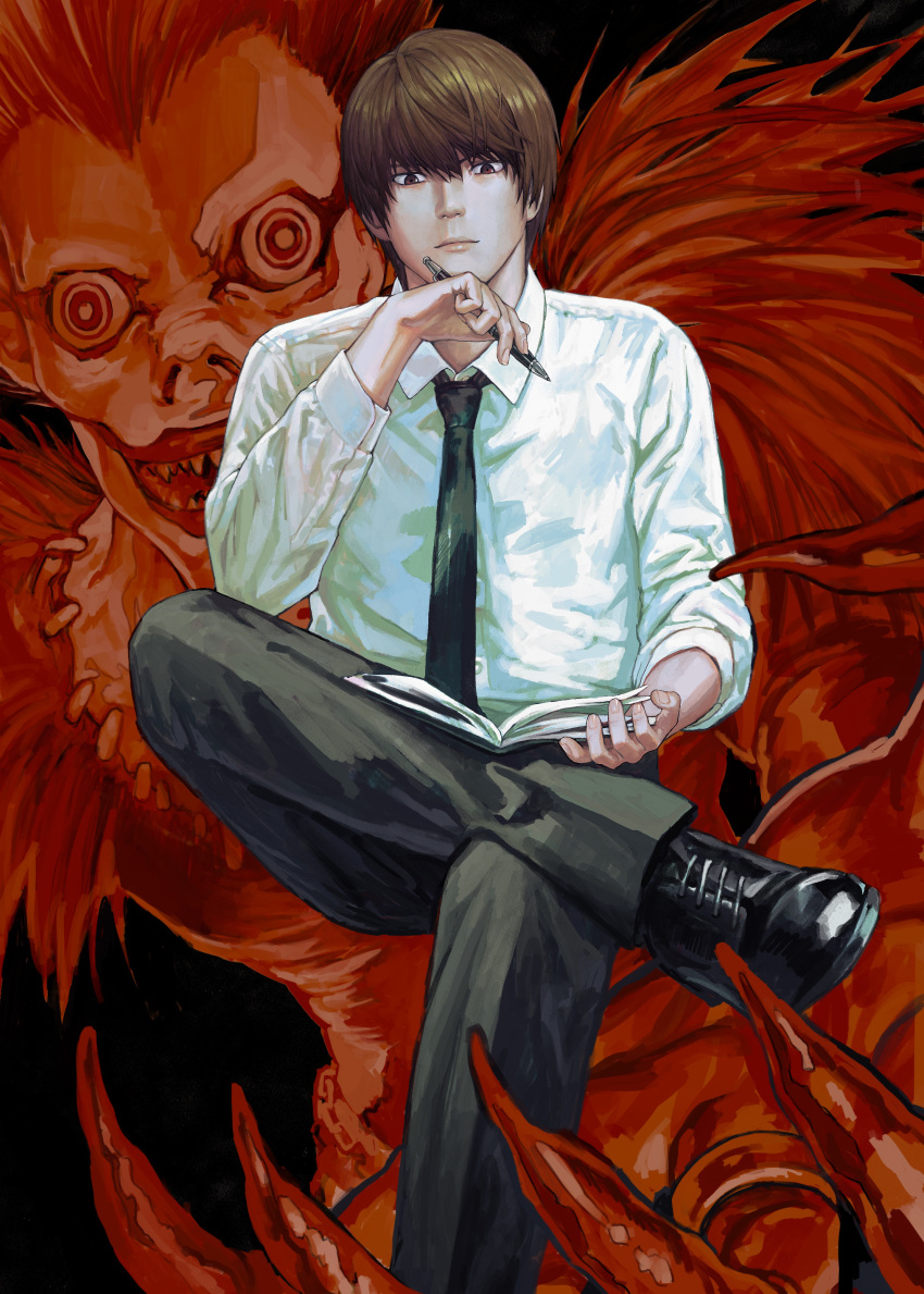 2boys, absurdres, bangs, black_background, black_footwear, black_necktie, black_pants, book