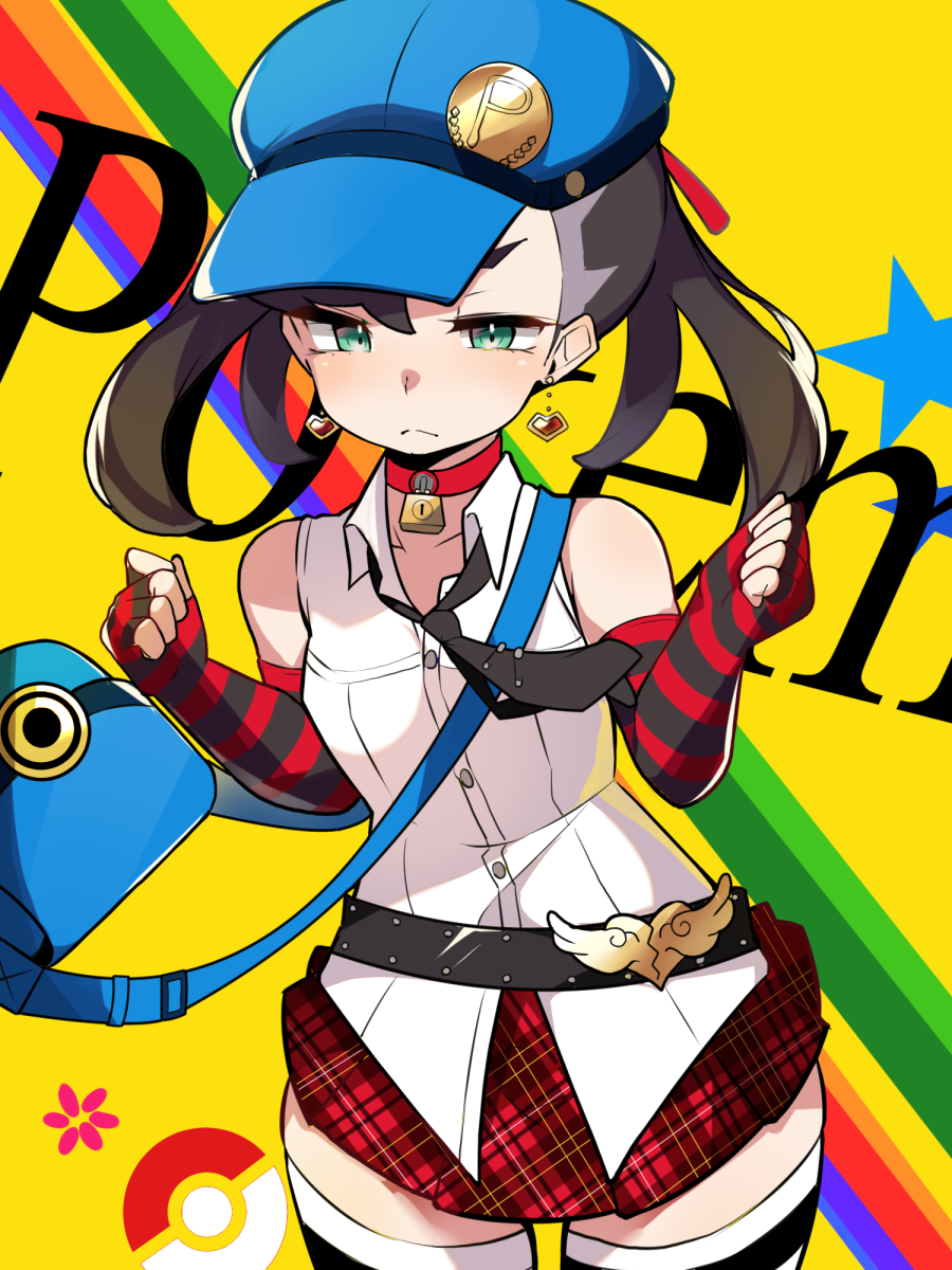 1girl, :<, badge, bag, bangs, bare_shoulders, bell, black_legwear