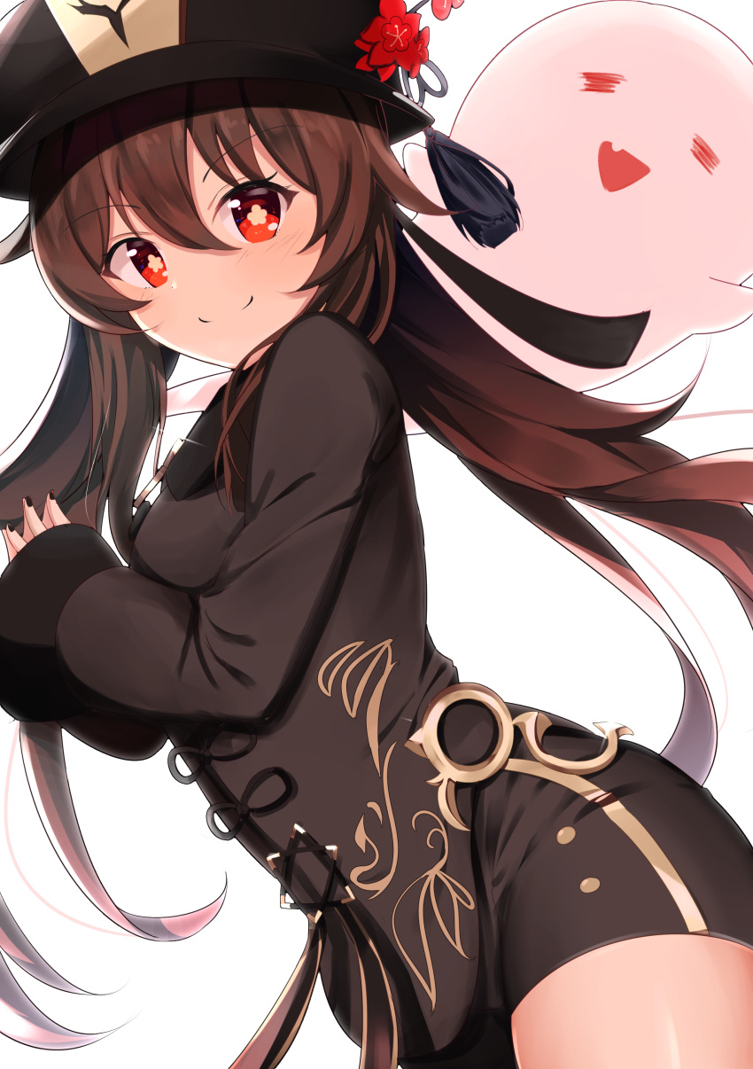 1girl, absurdres, black_headwear, black_nails, black_shirt, black_shorts, blush, closed_eyes