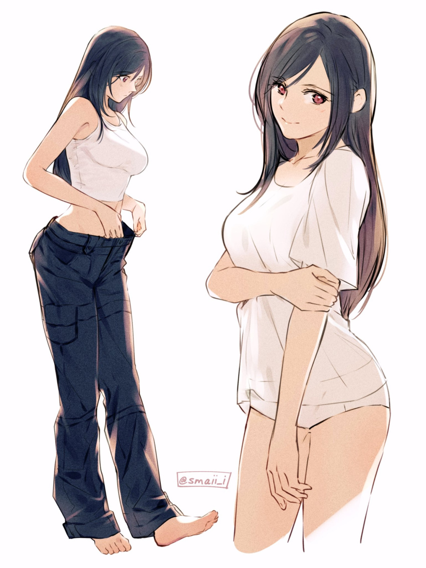 1girl, artist_name, bangs, bare_arms, bare_shoulders, barefoot, black_pants, breasts, brown_eyes, brown_hair, collarbone, cropped_legs, english_commentary, final_fantasy, final_fantasy_vii, full_body, grey_background, highres, holding_own_arm, large_breasts, long_hair, looking_at_viewer, maiii_(smaii_i), multiple_views, panties, pants, shirt, short_sleeves, simple_background, smile, tifa_lockhart, underwear, watermark, white_panties, white_shirt