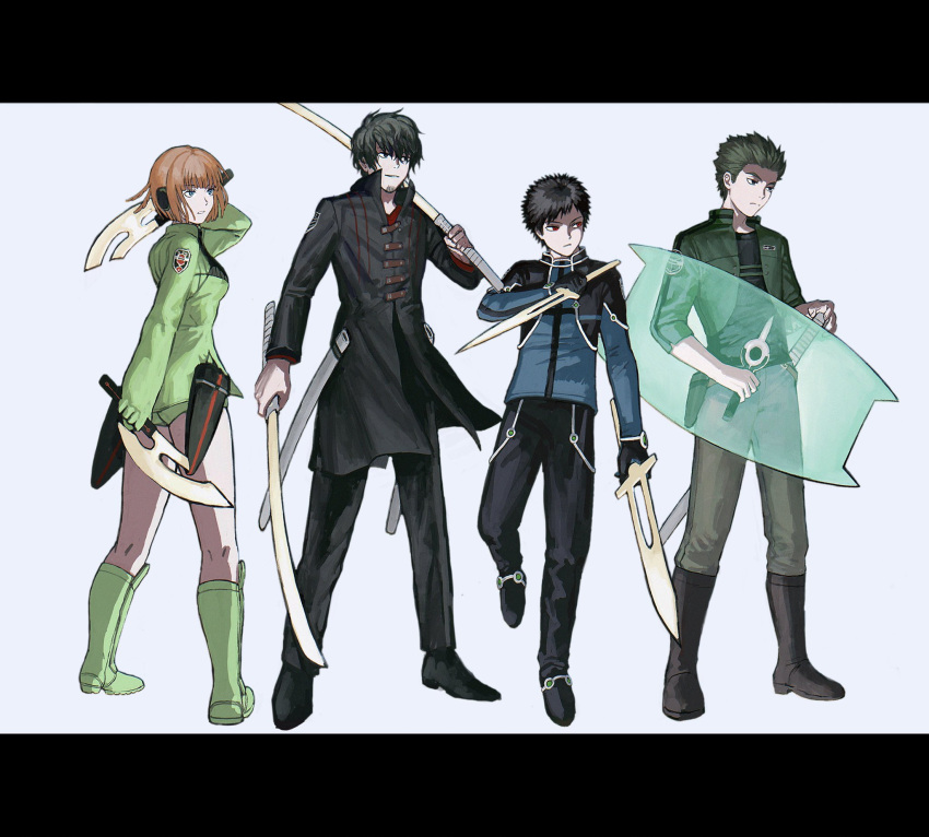 1girl, 3boys, axe, bangs, black_coat, black_footwear, black_gloves, black_hair