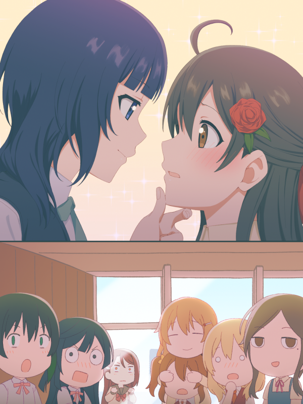 6+girls, ahoge, asaka_karin, ayanokouji_himeno, bangs, black_hair, blue_eyes, blue_hair, christina_(love_live!), eye_contact, face-to-face, flower, hair_flower, hair_ornament, hand_on_another's_chin, konoe_haruka, konoe_kanata, long_hair, looking_at_another, love_live!, love_live!_nijigasaki_high_school_idol_club, medium_hair, multiple_girls, nijigasaki_academy_uniform, red_flower, red_rose, rose, sakurauchi_riko, shido_misaki_(love_live!), swept_bangs, takasaki_yuu, un403lucky, yellow_eyes, yuri, yuuki_setsuna_(love_live!)