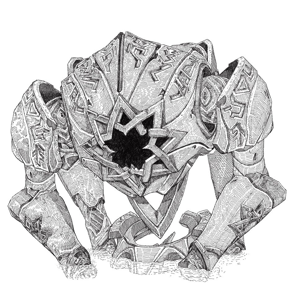 a22540409, genshin_impact, greyscale, mecha, monochrome, no_humans, partially_submerged, ruin_hunter_(genshin_impact), simple_background, water