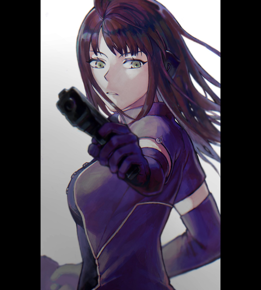 1girl, aiming_at_viewer, bangs, breasts, dual_wielding, elbow_gloves, finger_on_trigger, floating_hair
