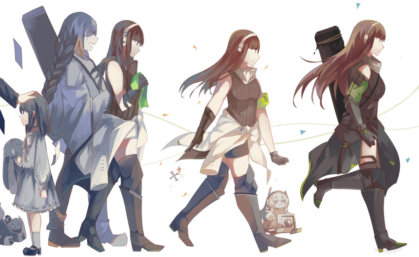 2others, 3girls, absurdres, age_progression, akino_1713, armband, boots, chibi, commentary_request, dinergate_(girls'_frontline), girls_frontline, gloves, gun_case, headpat, headphones, highres, lunasia_(girls'_frontline), m16a1_(girls'_frontline), m4_sopmod_ii_jr, m4a1_(girls'_frontline), mod3_(girls'_frontline), multiple_girls, multiple_others, out_of_frame, shoes, shorts, spoilers, stuffed_animal, stuffed_bunny, stuffed_toy, younger