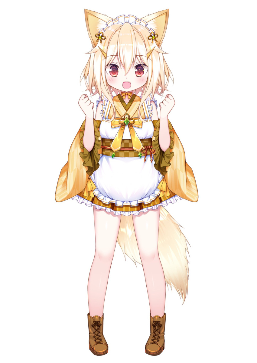 1girl, :d, animal_ears, apron, asahi_nano_(cafe_omusubiya), bare_legs, blonde_hair, boots