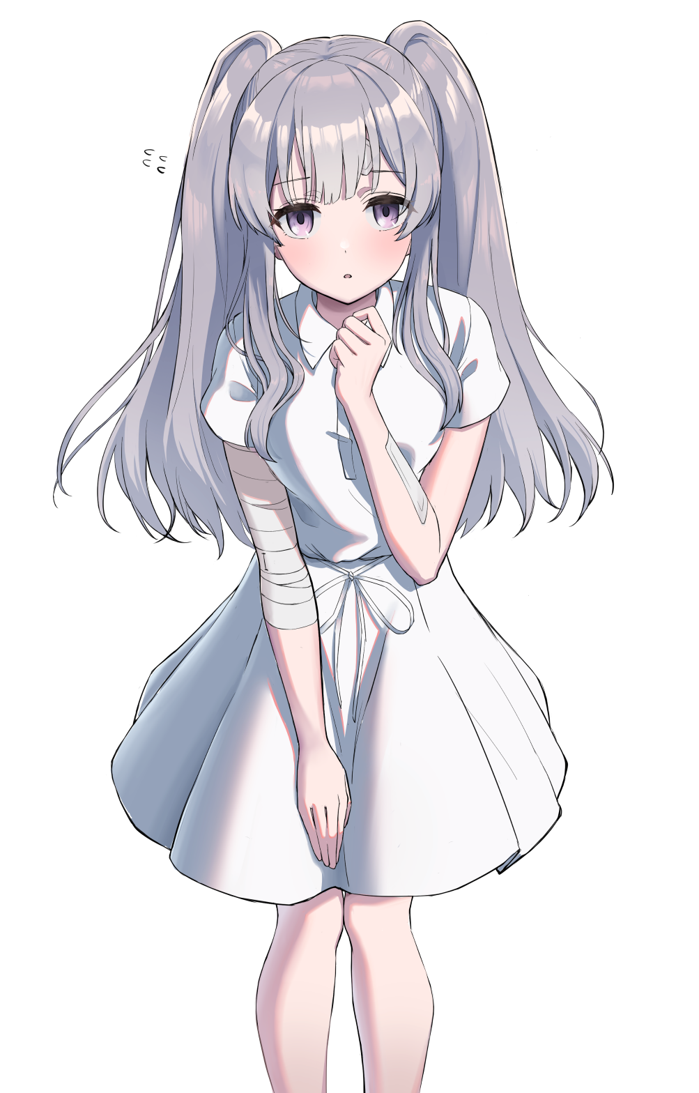 1girl, bandaged_arm, bandages, bandaid, bandaid_on_forehead, blush, commentary, cowboy_shot