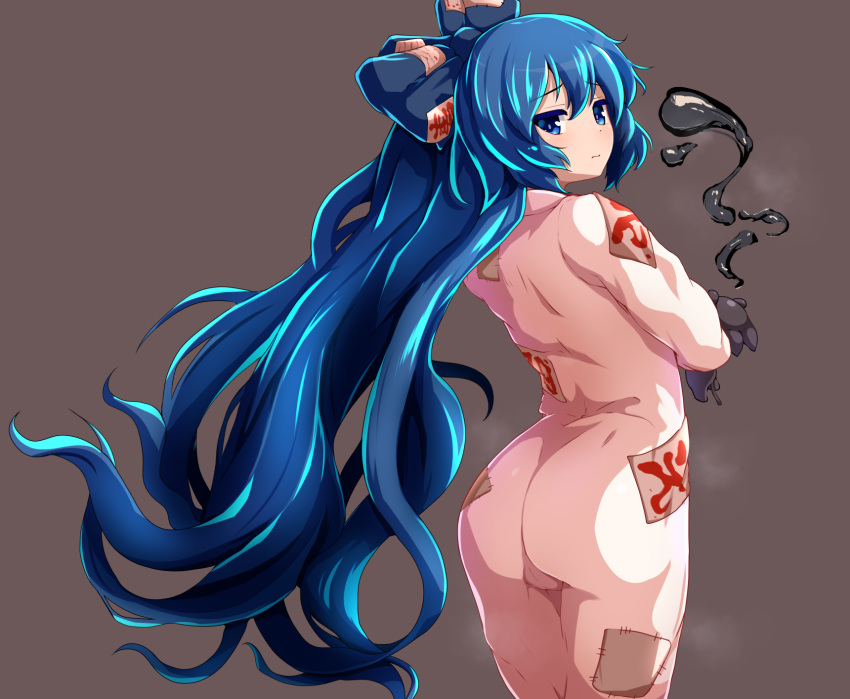 ass, blue_eyes, blue_hair, from_behind, highres, long_hair, looking_at_viewer, ofuda