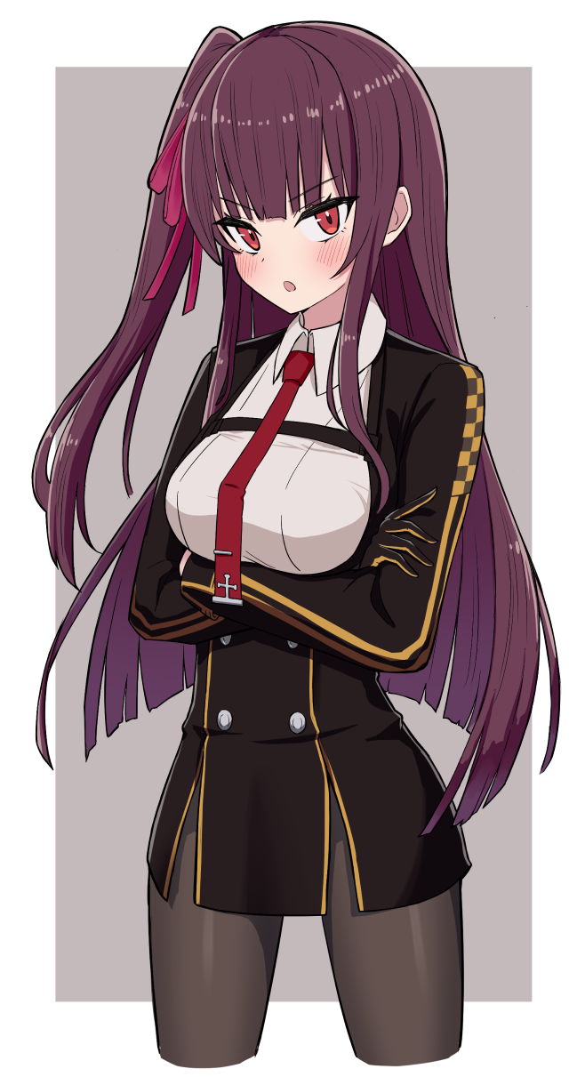 1girl, :o, black_gloves, black_legwear, blush, breasts, commentary, cropped_legs