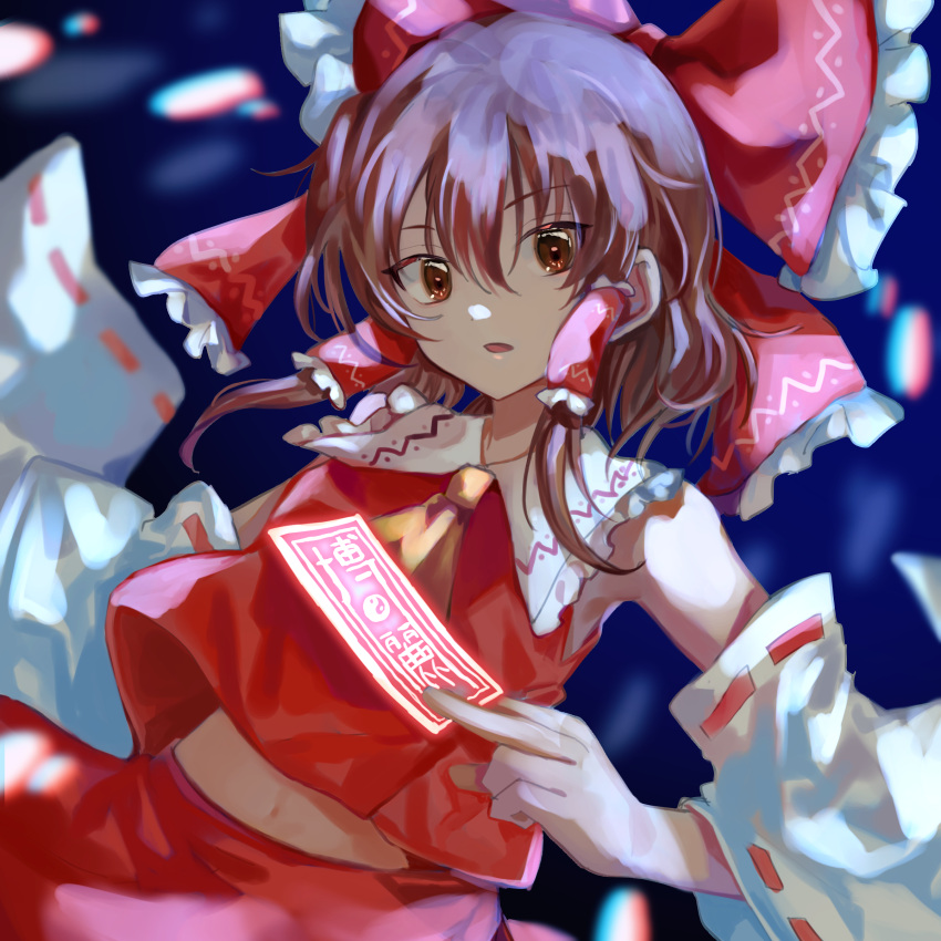 1girl, absurdres, armpits, ascot, bangs, bare_shoulders, blue_background, bow