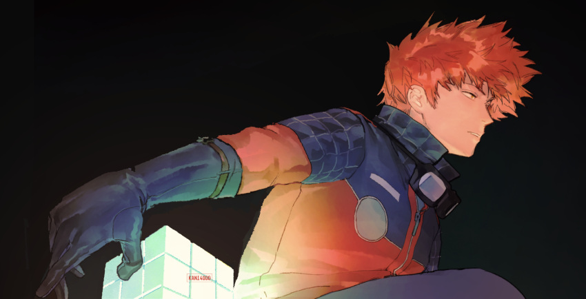 1boy, black_background, cube, from_side, gkrk89, glowing, goggles, goggles_around_neck