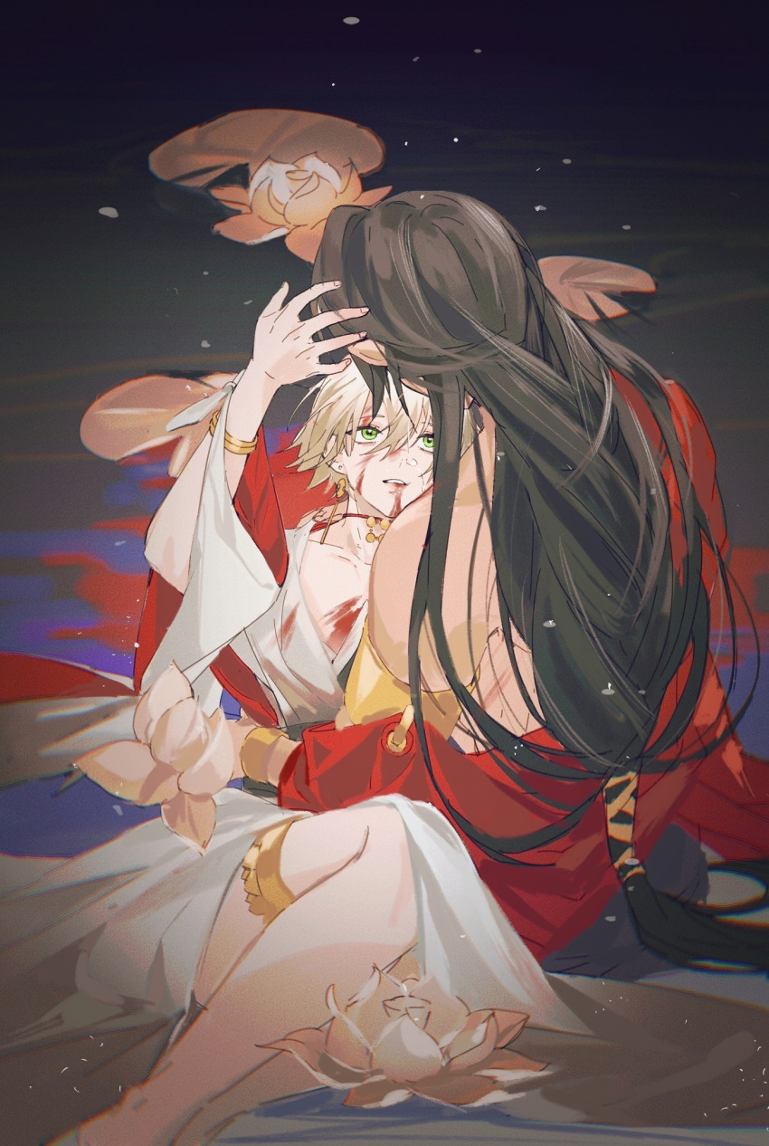 2boys, asura_(onmyouji), bare_pectorals, blonde_hair, dark_skin, facial_mark, flower, green_eyes, highres, japanese_clothes, jewelry, lotus, male_focus, multiple_boys, onmyoji, onmyouji, pectorals, short_hair, taishakuten_(onmyouji), white_hair