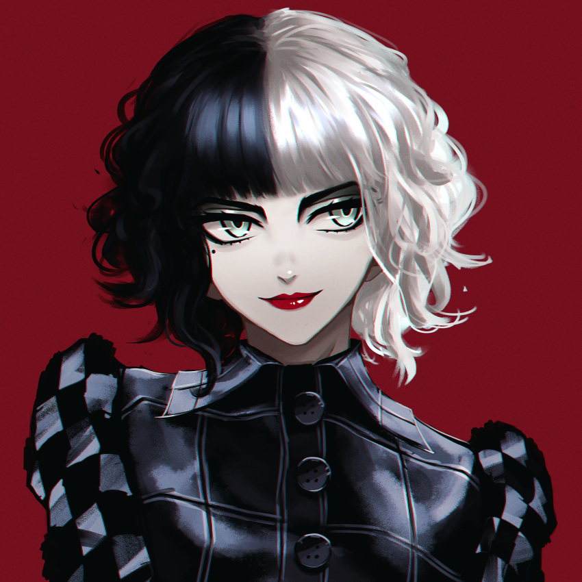 1girl, absurdres, black_dress, black_hair, buttons, closed_mouth, cruella_(film), cruella_de_vil
