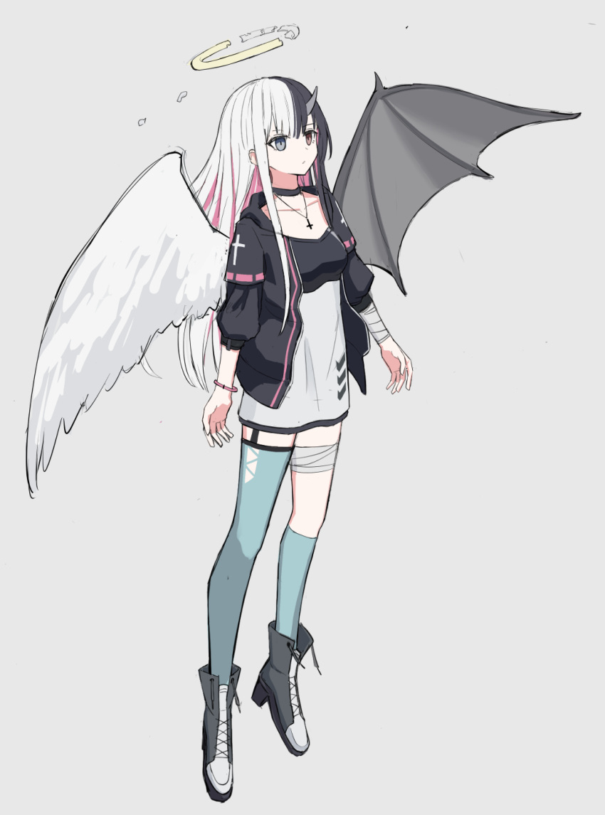 1girl, angel_wings, asymmetrical_legwear, bandaged_arm, bandaged_leg, bandages, black_hair, blue_eyes, broken_halo, demon_wings, full_body, garter_straps, grey_background, halo, heterochromia, highres, horns, inverted_cross_necklace, kawara_pigeon, long_sleeves, looking_away, mismatched_wings, multicolored_hair, original, pink_hair, red_eyes, simple_background, single_garter_strap, single_horn, single_thighhigh, solo, thigh-highs, white_hair, wings