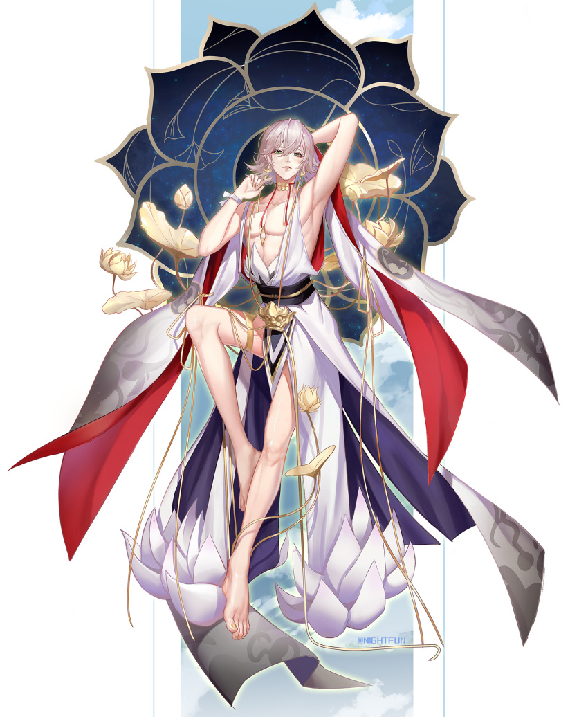 1boy, bare_pectorals, barefoot, blonde_hair, flower, full_body, green_eyes, highres, japanese_clothes, jewelry, lotus, male_focus, nightfun, onmyoji, onmyouji, pectorals, short_hair, solo, taishakuten_(onmyouji), white_hair