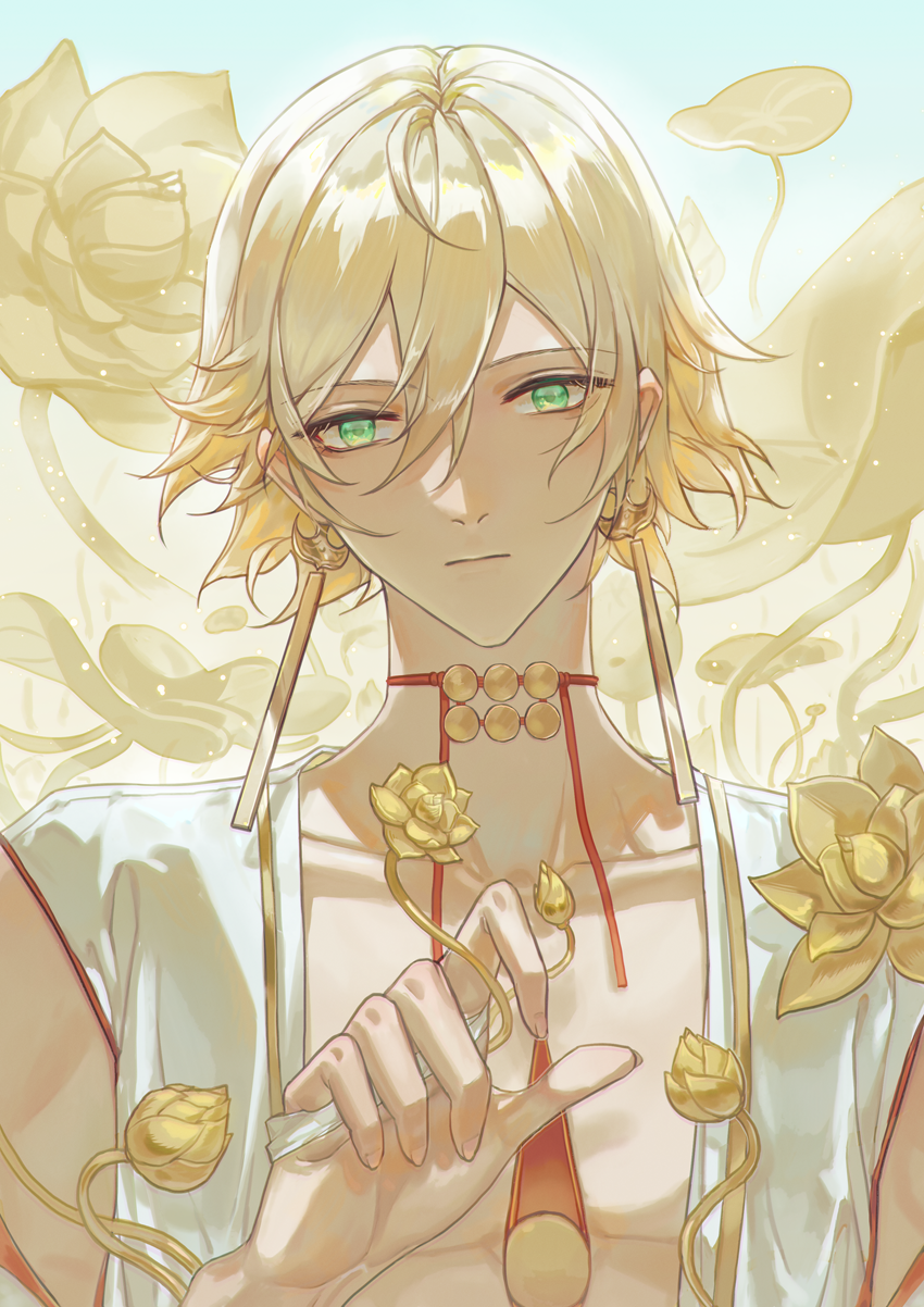 1boy, anmaki, bare_pectorals, blonde_hair, expressionless, flower, green_eyes, highres