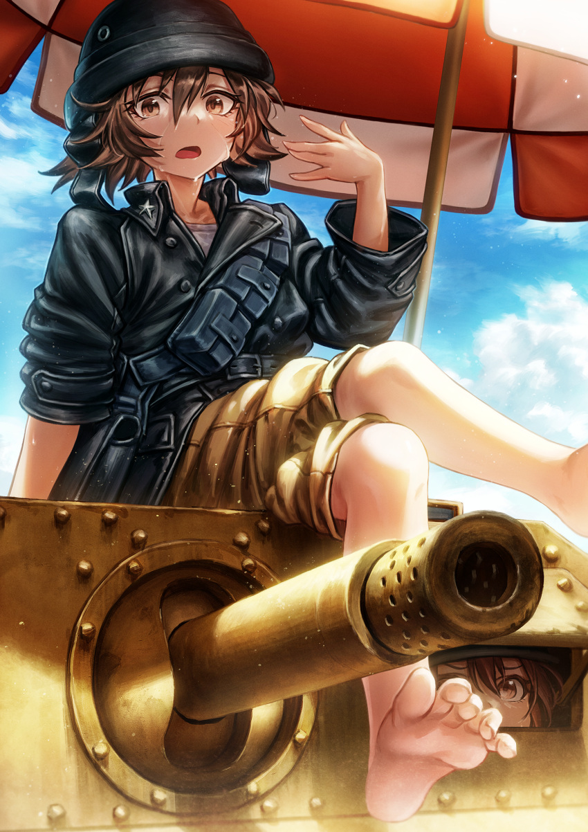 2girls, barefoot, brown_hair, day, feet, ground_vehicle, highres, hot