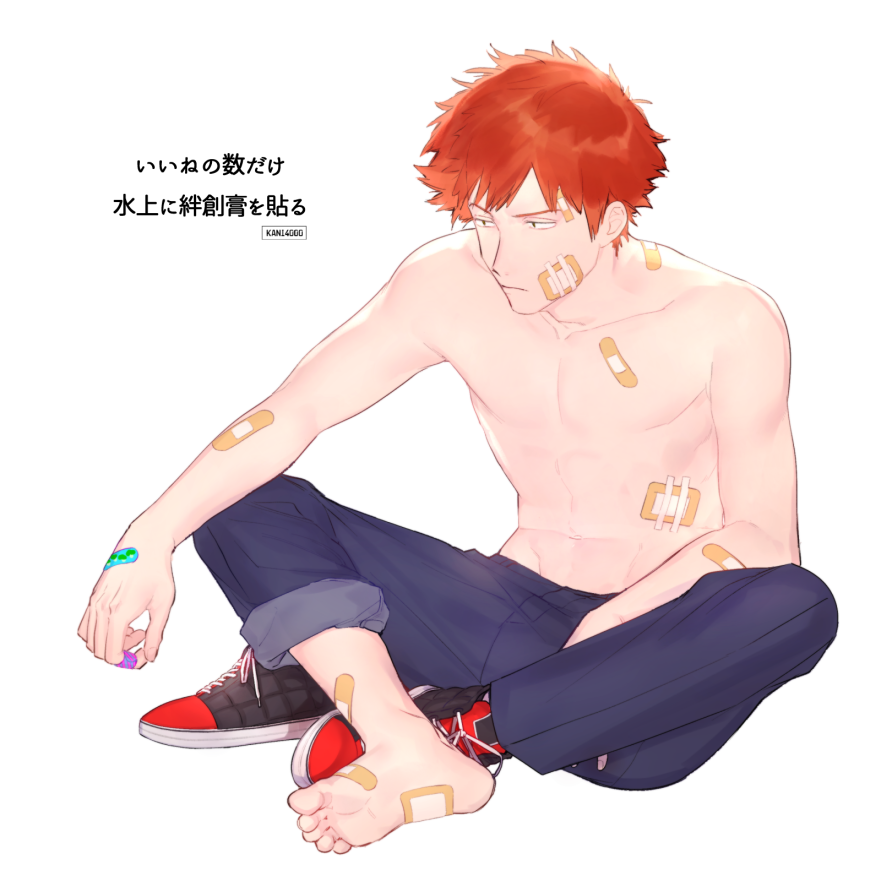 1boy, bandaid, bandaid_on_arm, bandaid_on_face, bandaid_on_foot, bandaid_on_hand, bandaid_on_leg, bandaid_on_shoulder