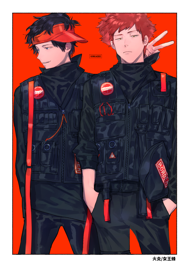 2boys, bangs, black_hair, black_pants, black_shirt, carrying, carrying_under_arm, cowboy_shot