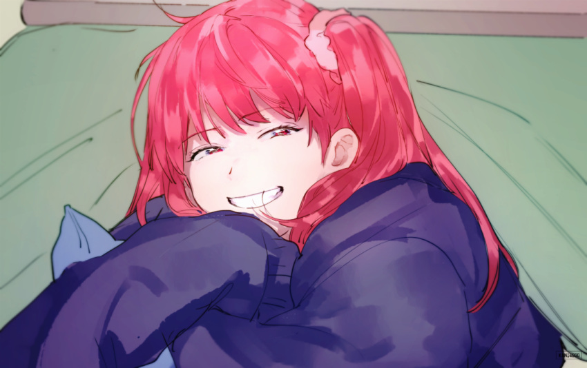 1girl, bangs, gkrk89, grin, hair_ornament, hair_scrunchie, half-closed_eyes, jacket