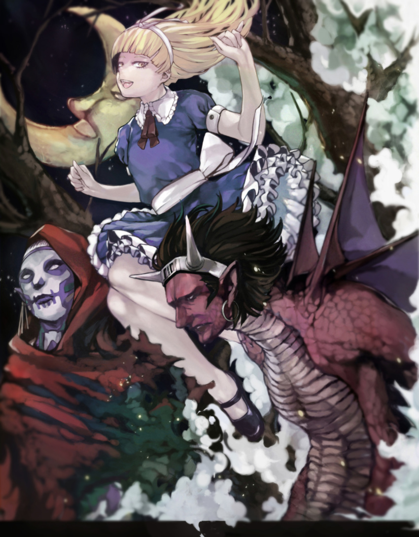1girl, absurdres, alice_(megami_tensei), arms_up, bangs, bare_legs, belial_(megami_tensei), black_footwear, blonde_hair, blue_dress, blunt_bangs, dress, highres, looking_at_viewer, mary_janes, moon, nyami, open_mouth, pale_skin, puffy_short_sleeves, puffy_sleeves, red_neckwear, shin_megami_tensei, shoes, short_sleeves, smile, white_headwear, yellow_eyes