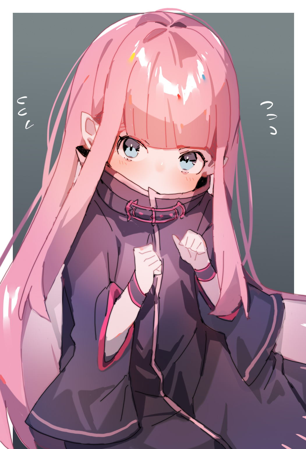 1girl, bangs, batsuma, blue_eyes, blunt_bangs, clenched_hand, covered_mouth, high_collar
