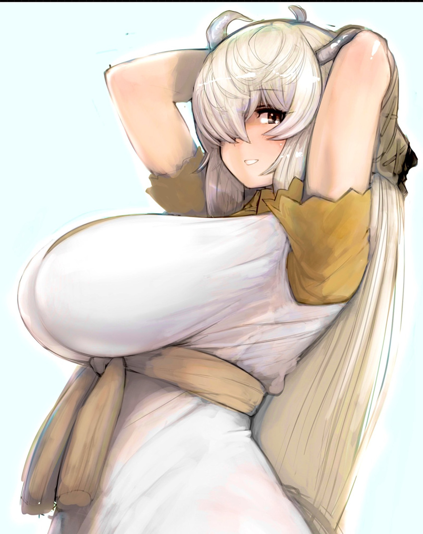 1girl, ahoge, arms_behind_head, arms_up, bangs, blonde_hair, breasts, brown_eyes