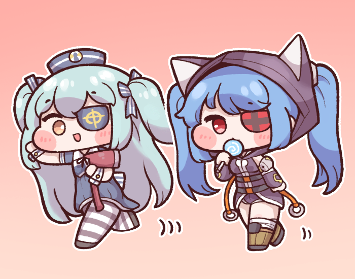 2girls, animal_hood, axe, bangs, blush, bulga, candy, cat_hood