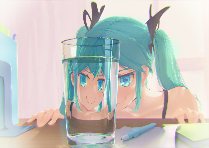 1girl, absurdres, aqua_eyes, aqua_hair, backlighting, bare_shoulders, book, chromatic_aberration