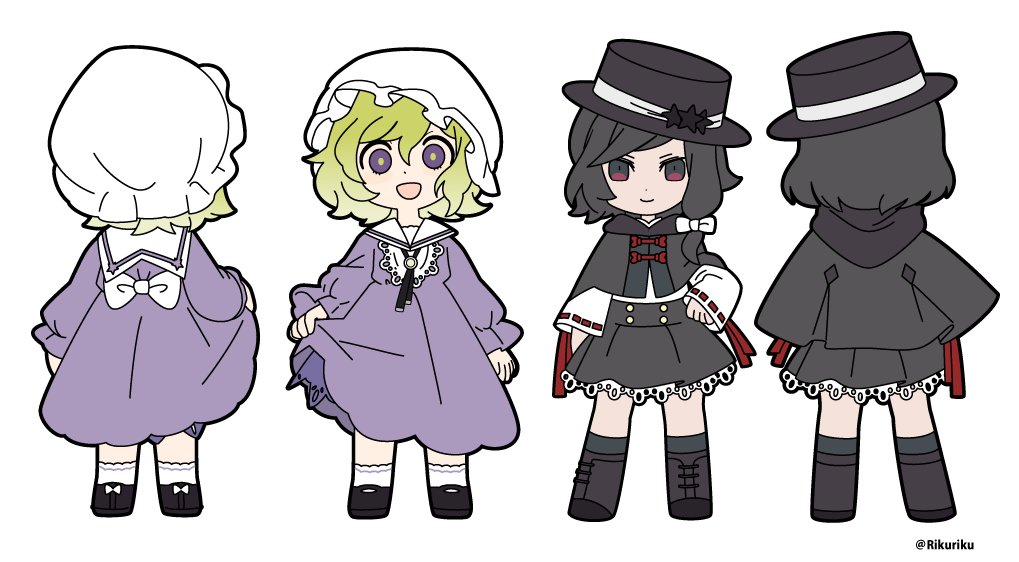 2girls, :d, back_bow, bangs, black_capelet, black_footwear, black_headwear, black_skirt
