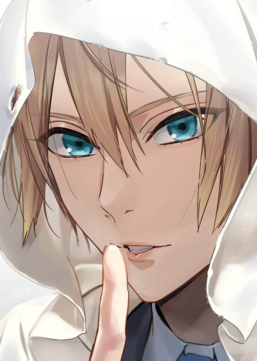 1boy, bangs, blonde_hair, blue_eyes, close-up, face, finger_to_mouth, hair_between_eyes