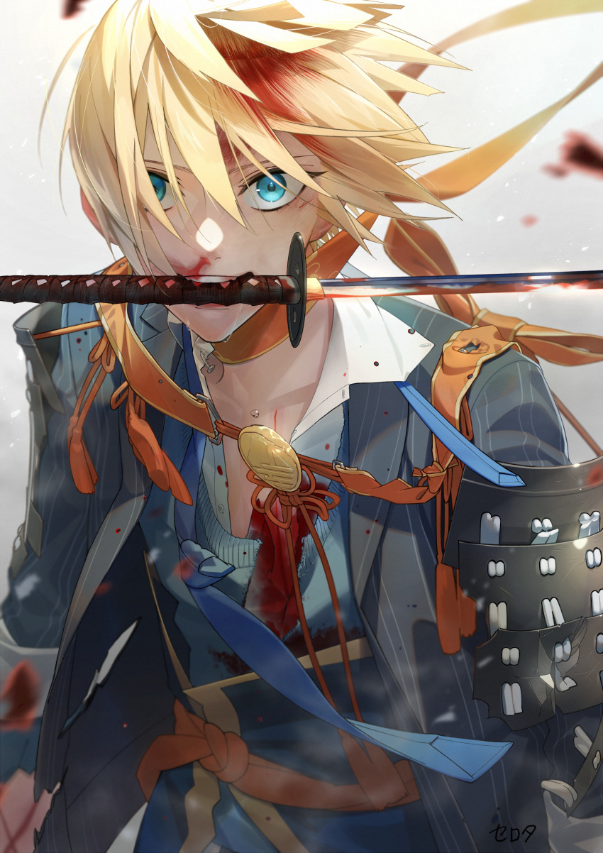 1boy, absurdres, armor, bangs, biting, blonde_hair, blood, blood_in_hair