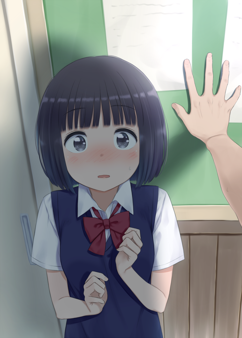 1boy, 1girl, against_wall, bangs, black_eyes, black_hair, blunt_bangs, blush