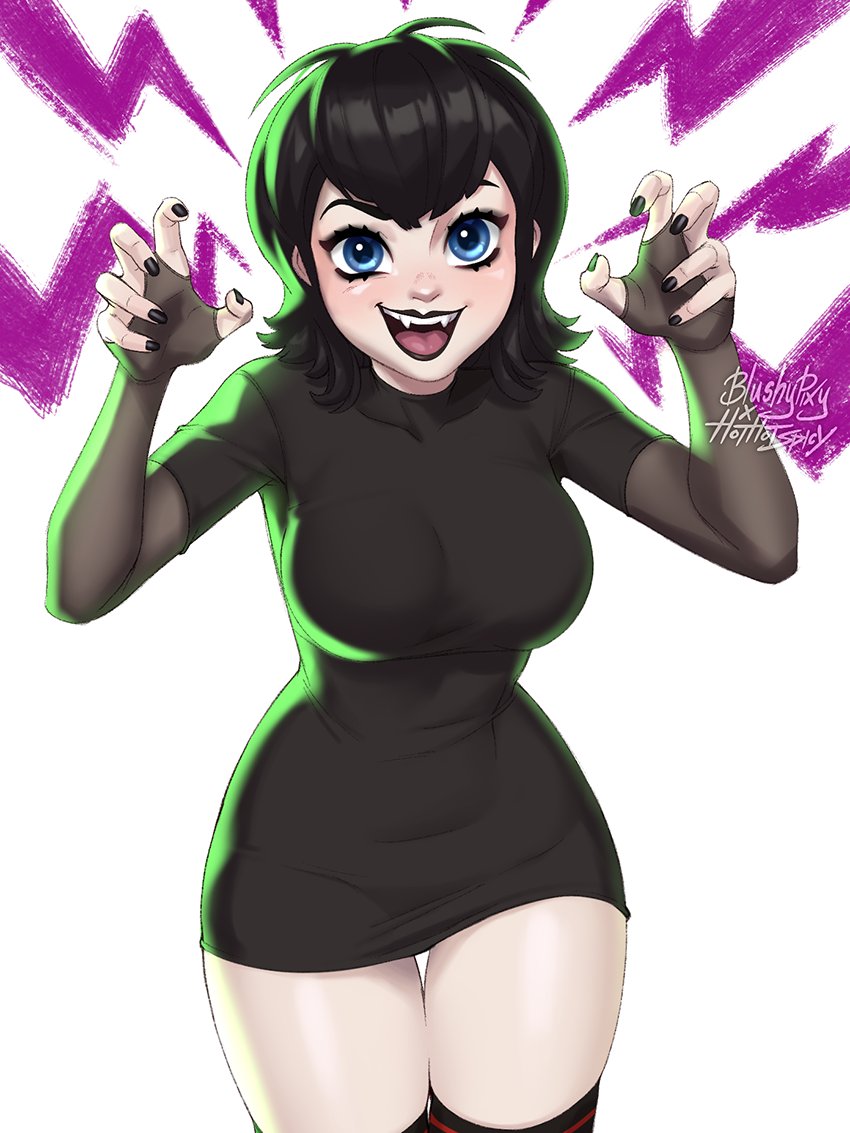 1girl, artist_name, black_lips, black_nails, black_shirt, blue_eyes, blushy-pixy, breasts