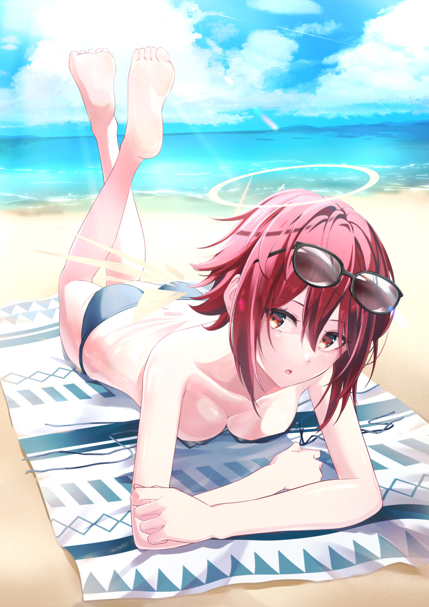 1girl, absurdres, angel, arknights, bare_shoulders, beach, beach_towel, bikini