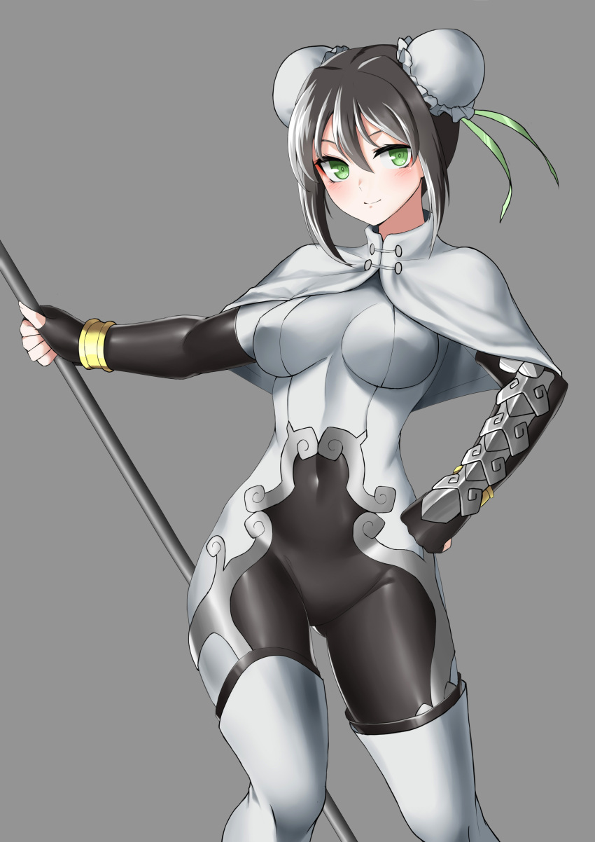 1girl, absurdres, black_hair, bodysuit, breasts, bun_cover, capelet, chinese_clothes