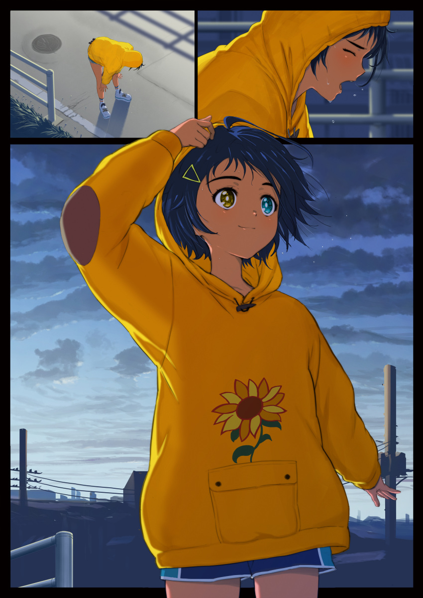 1girl, absurdres, arm_up, bent_over, blue_eyes, bright_pupils, closed_eyes, closed_mouth