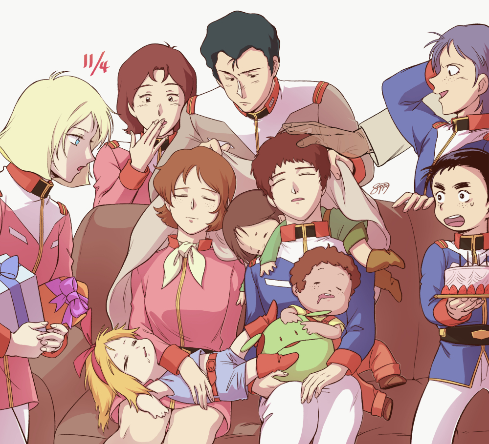 amuro_ray, ascot, belt, birthday_cake, black_hair, blanket, blonde_hair, bright_noa