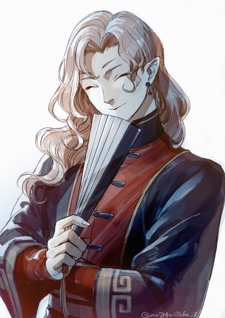 character_request, chinese_clothes, closed_eyes, commentary_request, earrings, extra_eyebrows, gender_request, hand_fan