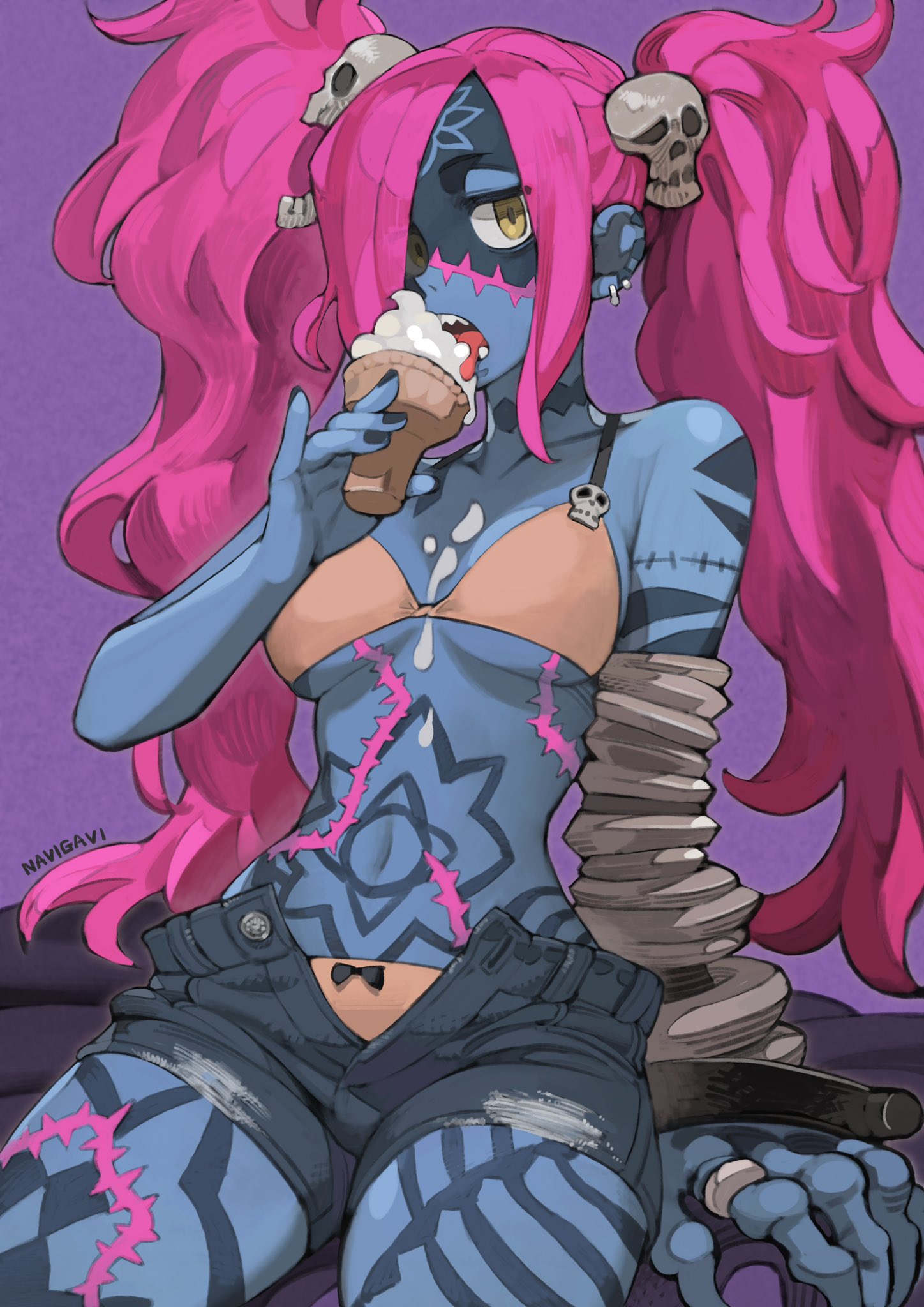 1girl, bikini, black_shorts, blue_skin, breasts, breasts_apart, brown_bikini, code_of_princess