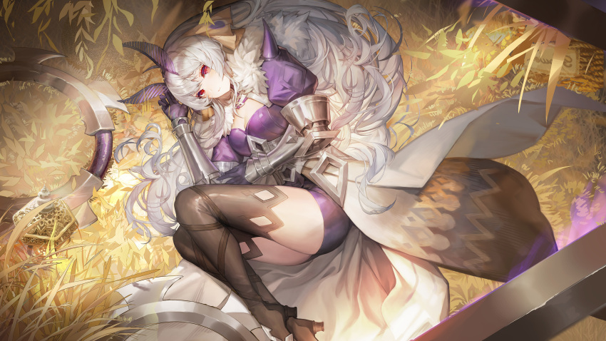 1girl, absurdres, antennae, armor, arthropod_girl, bangs, black_footwear, black_legwear, boots, breasts, coat, fur_trim, gauntlets, gloves, grass, highres, long_hair, looking_at_viewer, lying, masterwork_apocalypse, medium_breasts, messikid, moth_girl, mousse_(masterwork_apocalypse), on_side, plackart, purple_armor, purple_gloves, purple_shorts, red_eyes, shorts, solo, thigh-highs, thigh_boots, very_long_hair, weapon, white_coat, white_hair
